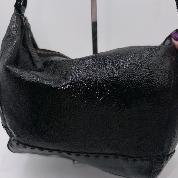 The Sak Black Patent Pig Leather Hobo Shoulder Bag Braided Strap Whipstitch - Picture 4 of 11